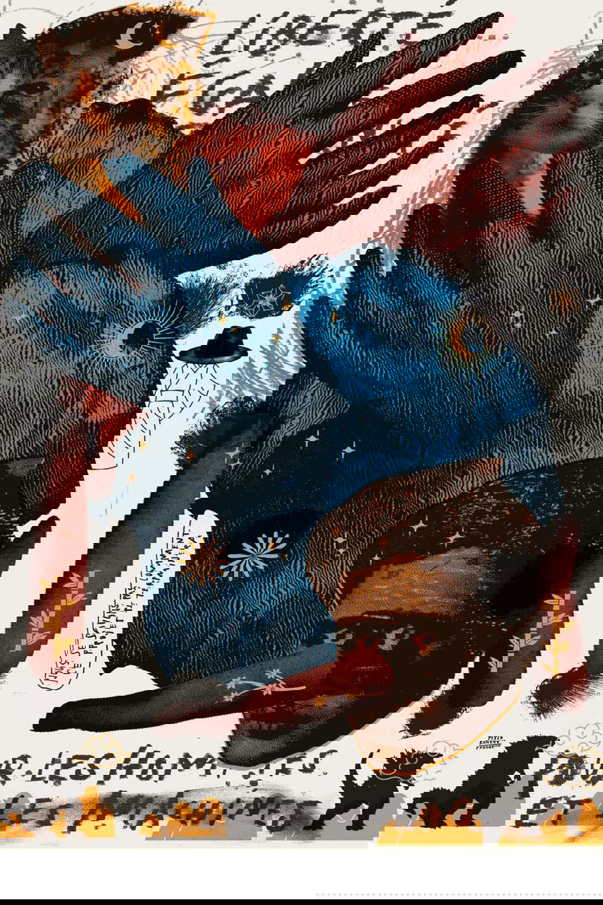 Экспериментальный плакат с изображением рук, воротников и текстур, сочетающий коллаж, рисованные элементы и золотистые декоративные детали.