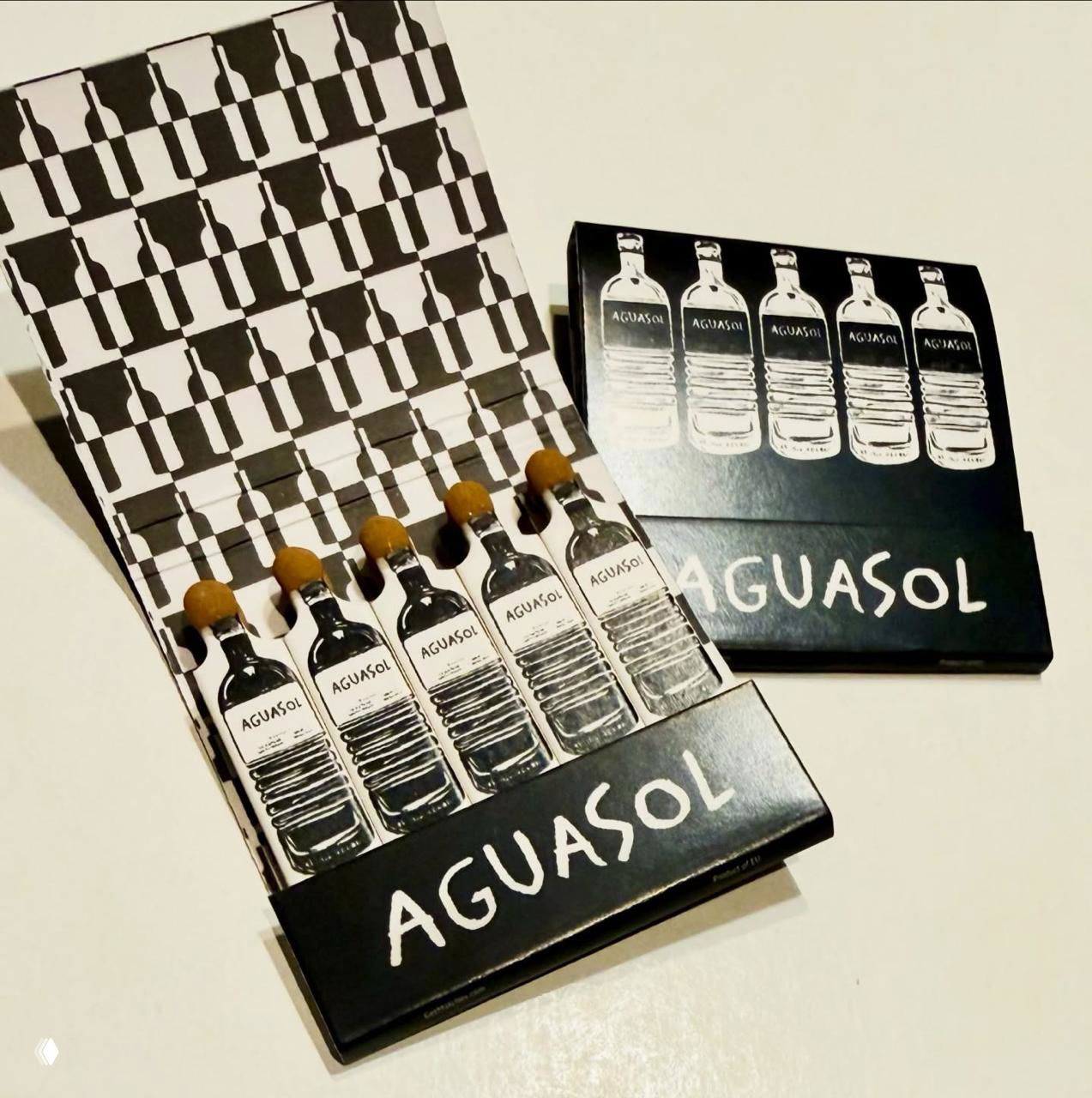 Чёрно-белая коробка 'Aguasol' с повторяющимся узором бутылок: раскрытая упаковка и пять спичек в форме бутылок с коричневыми головками.