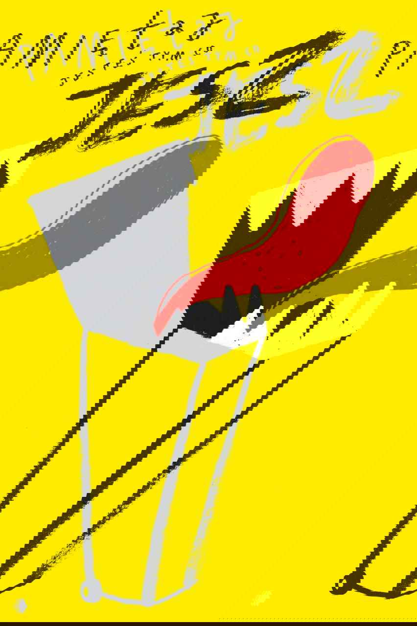 Жёлтый фон и выразительная графика с открытой пастью и длинным языком, энергичная кистевая фактура и метафорическое изображение.