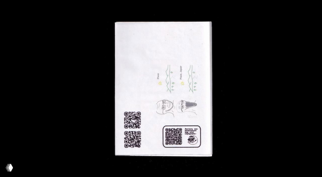 Фото задней крышки мини-зина с QR-кодами и простыми схематичными рисунками, на тёмном фоне со светлой обложкой.