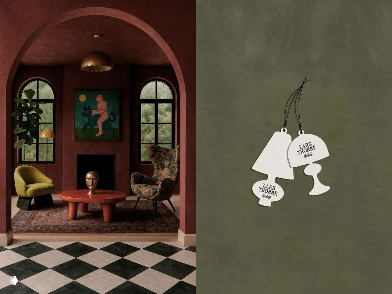 Архитектурная интерьерная сцена: арочный проём, кресла и стол, в центре — скульптурная маска; справа — коллекция белых биркок с логотипом LARS THOMÉ на зелёном фоне.