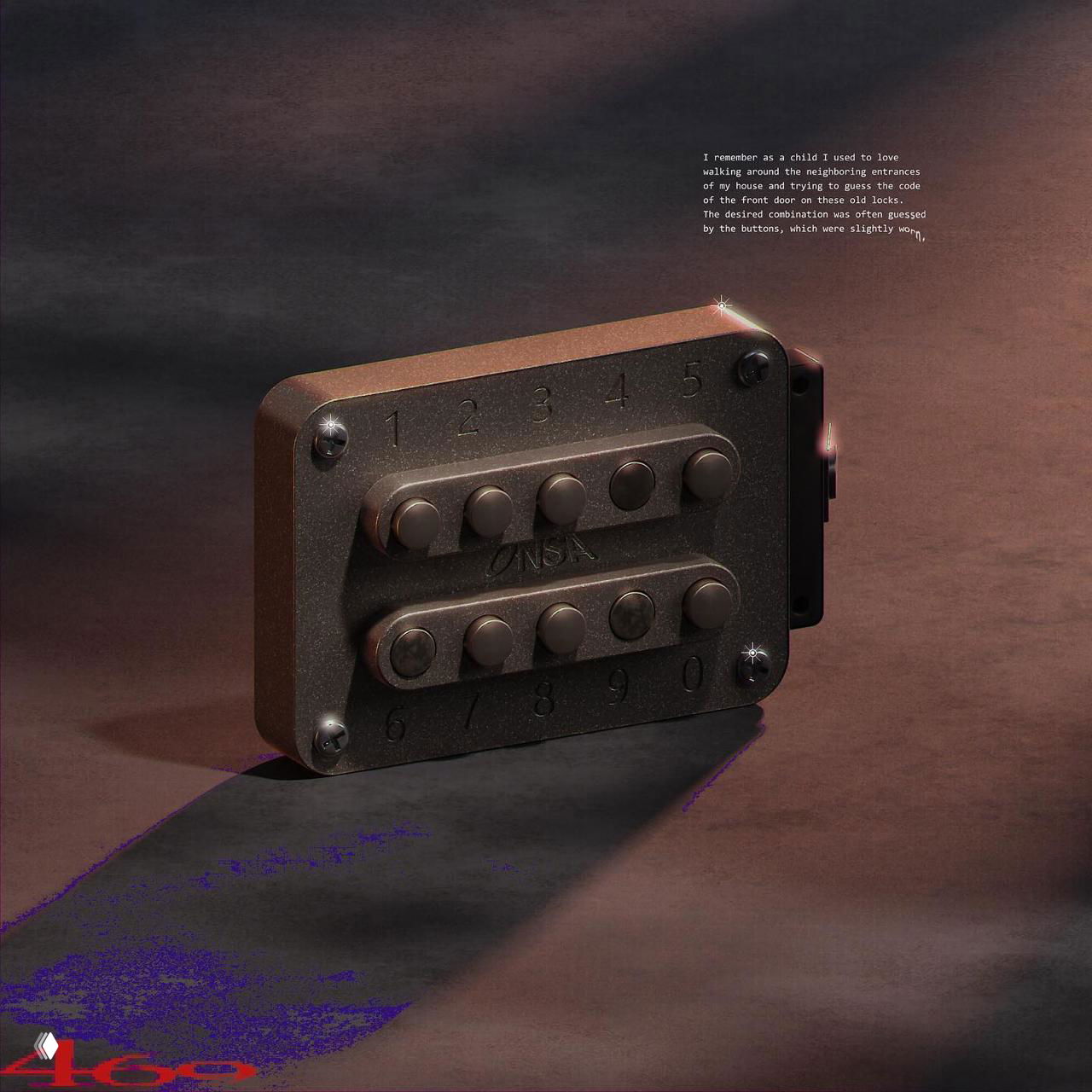 3D-рендер металлического замка с кнопками и цифрами: царапины, нюансы материала и подчёркнутые отражения на поверхности.