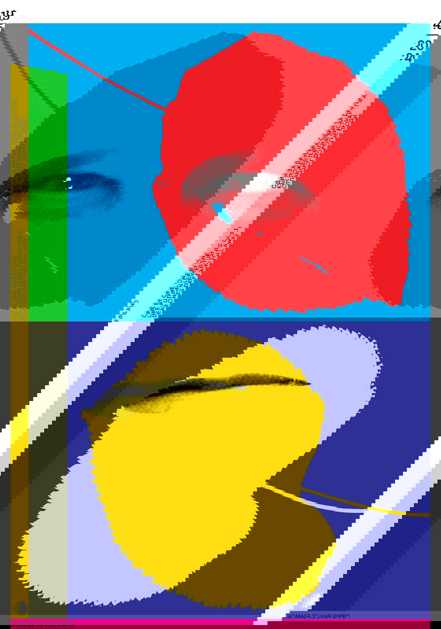 Яркий плакат с крупными цветными пятнами, ретро-полутоновым эффектом и контрастной колонкой текста по краю, характерный постерный стиль.