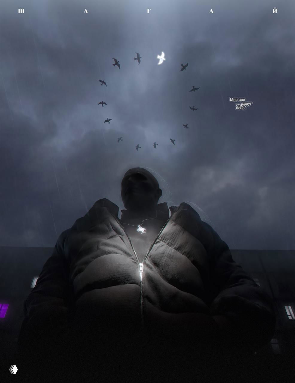 Постапокалиптический портрет с силуэтом человека на фоне хмурого неба и кругом летающих птиц, тёмная кинематографичная палитра.