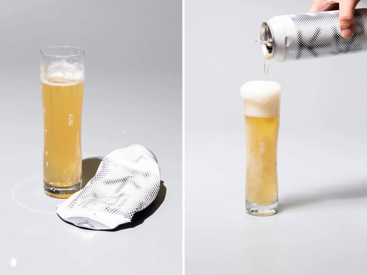 Две фотографии продукта: наливают напиток и смятая банка с растром рядом со стаканом, показывая поведение упаковки и презентацию продукта