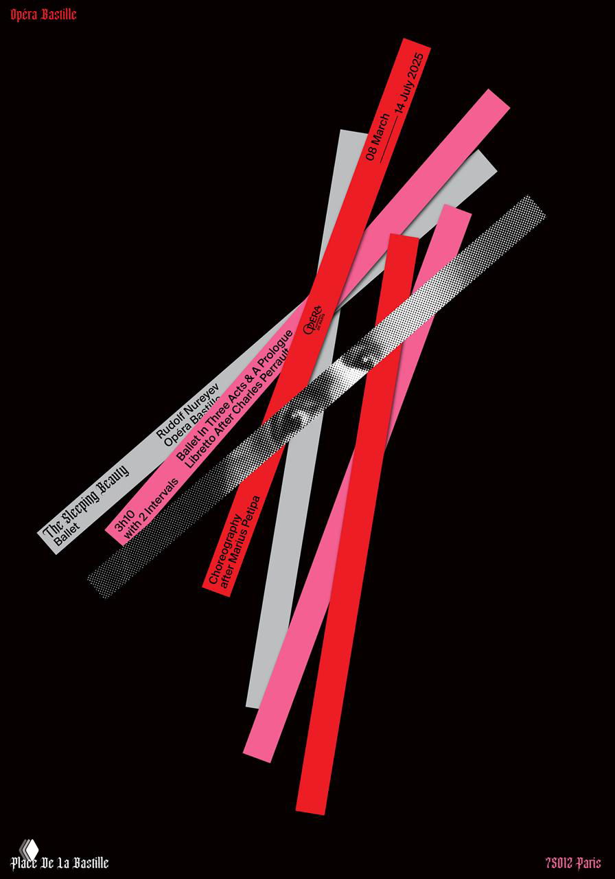 Минималистичный постер на чёрном фоне с наклонными цветными полосами и вставками текста — баланс пустоты и динамики.