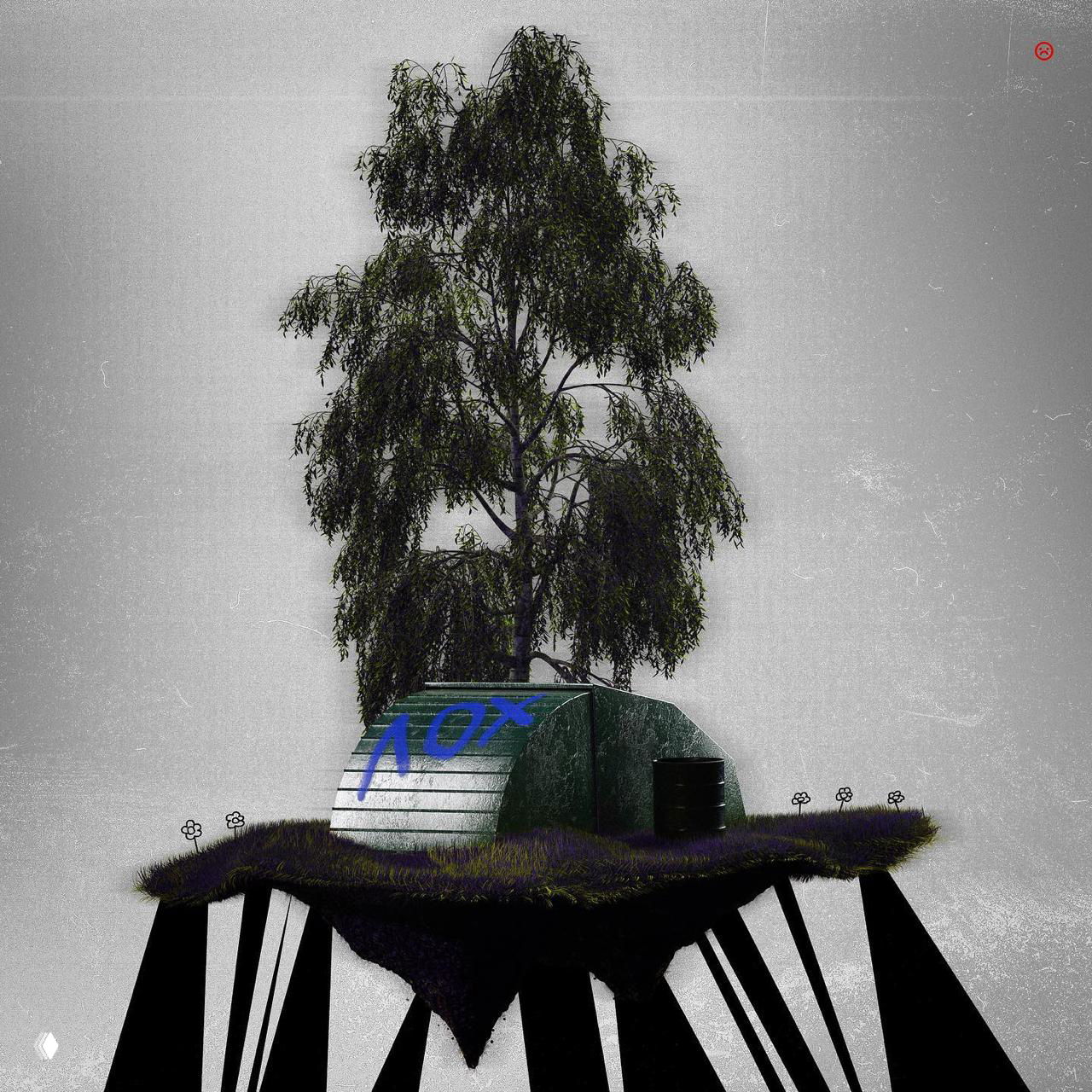 Плавающий фрагмент земли с берёзой и металлическим ангаром: минималистичная композиция с зерном и следами старой бумаги.