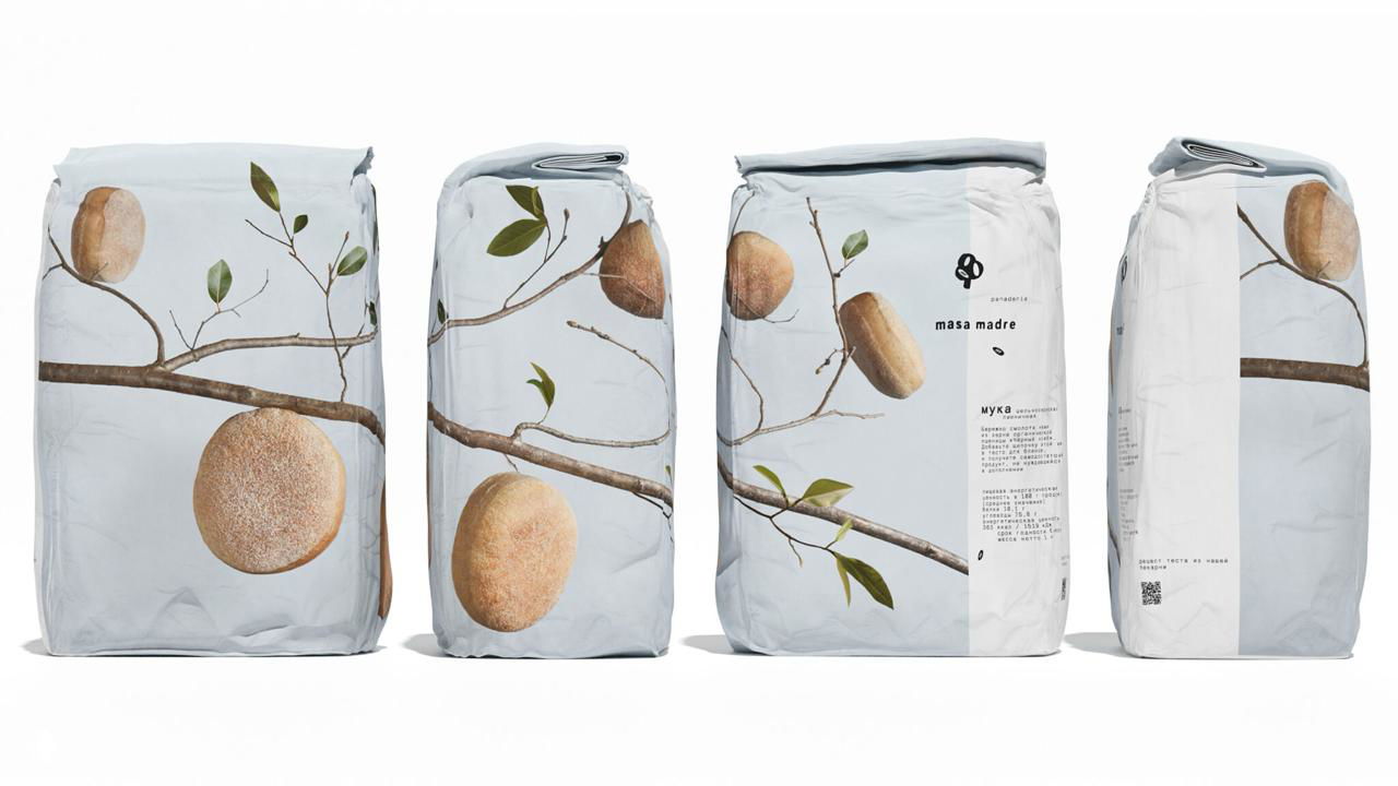 Ряд упаковок Masa Madre, расположенных в ряд на белом фоне; на каждом пакете — продолжение ветки с хлебом, создающее цельный визуальный ряд.