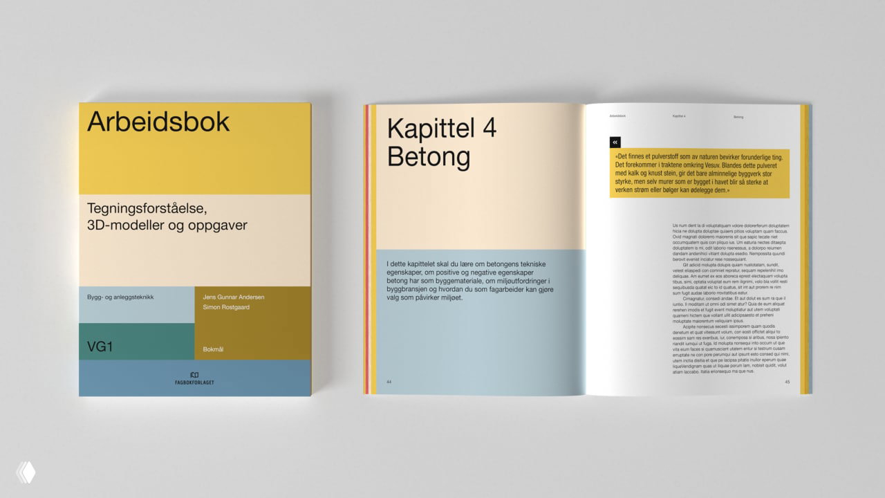 Разворот и обложка «Arbeidsbok» с бледно-жёлтой и пастельной палитрой, показаны структура страниц и блоки текста для учебного материала.