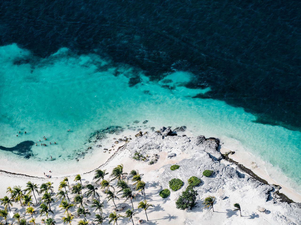 Аэрофотосъёмка песчаных отмелей и растительности у кромки моря: пальмы, скалы и тёмные участки моря на контрастном фоне.
