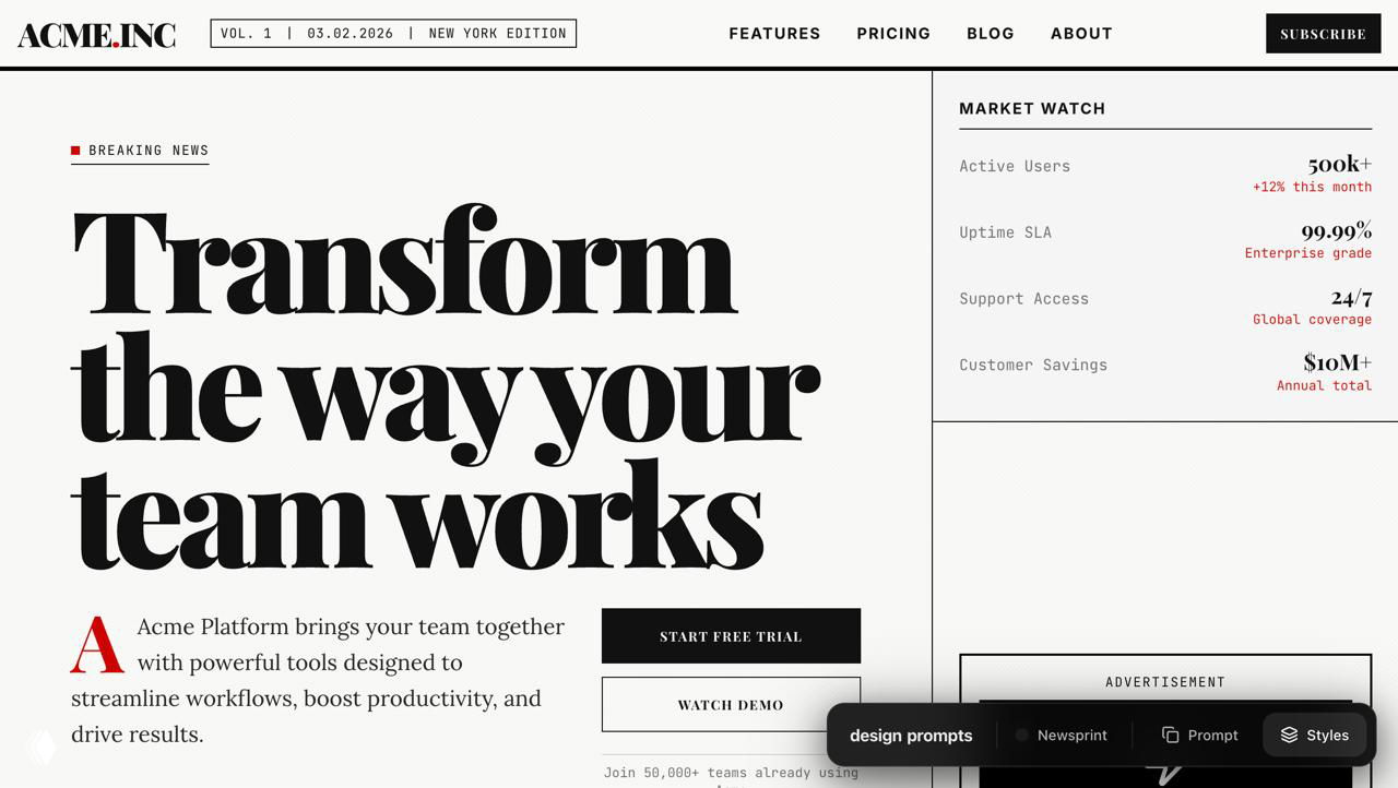 Печатный журнальный макет с крупной декоративной гарнитурой и колонной текста — стиль газетной типографики для промо‑страницы.