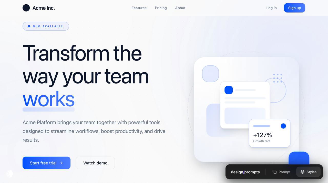 Светлый лёгкий лендинг с голубыми акцентами и иллюстрацией карточек — пример современного чистого UI для продукта.