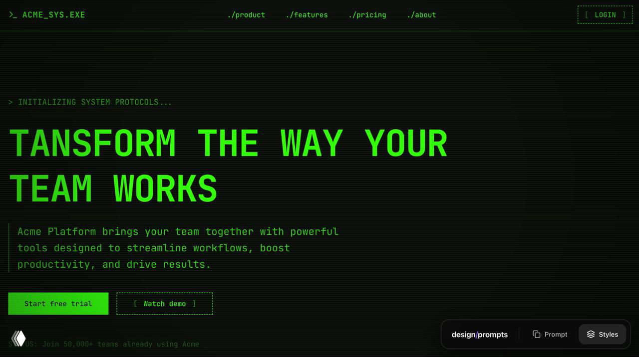 Зелёный терминальный интерфейс с моноширинным шрифтом и хакерской эстетикой — интересный контрастный вариант лендинга.