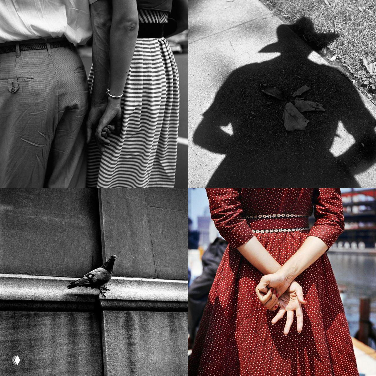 Четыре кадра: силуэты, тени, детали одежды и руки парочки — примеры композиционной тонкости уличных снимков Майер.