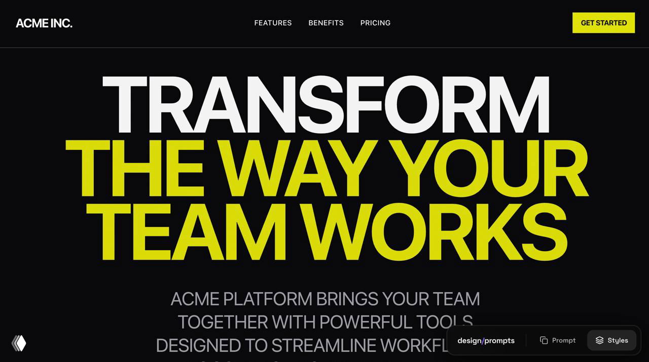 Тёмный лендинг с контрастной жёлтой типографикой и крупным заголовком — эффектный промо‑вариант для продуктового сайта.