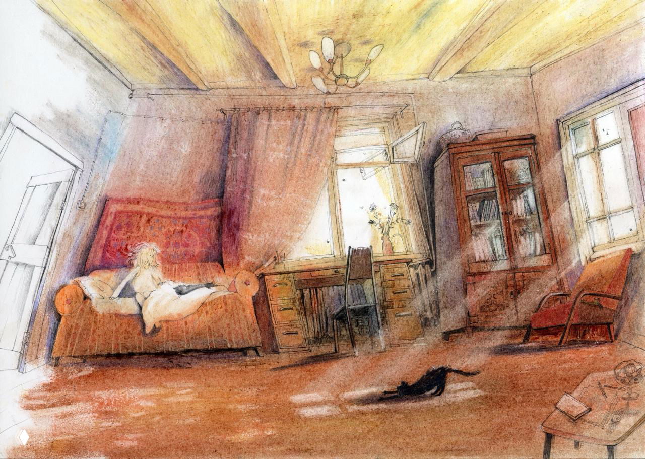 Комнатная сцена: широкий светлый кабинет с диваном, предметами быта и кошкой на полу, мягкие пастельные переходы и текстурная заливка бумаги.