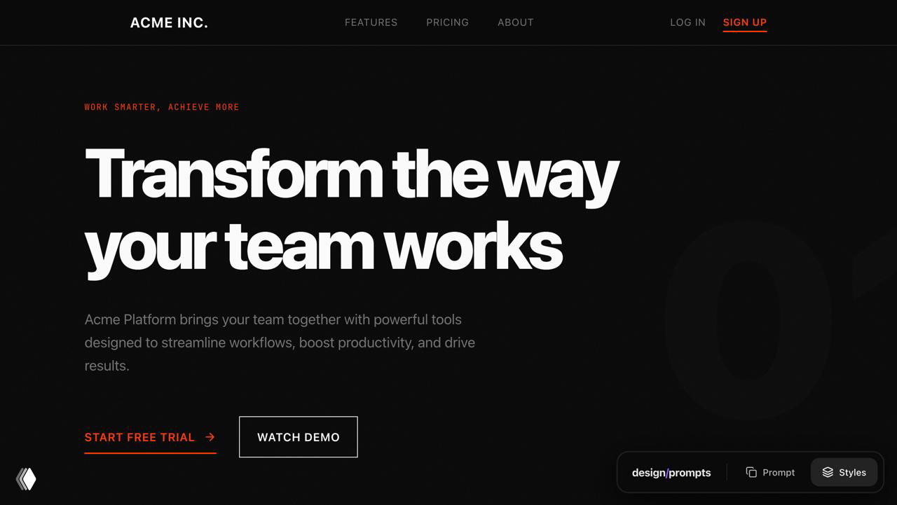 Минималистичный чёрный экран с крупной белой типографикой — ещё один вариант хедера для корпоративного или креативного сайта.