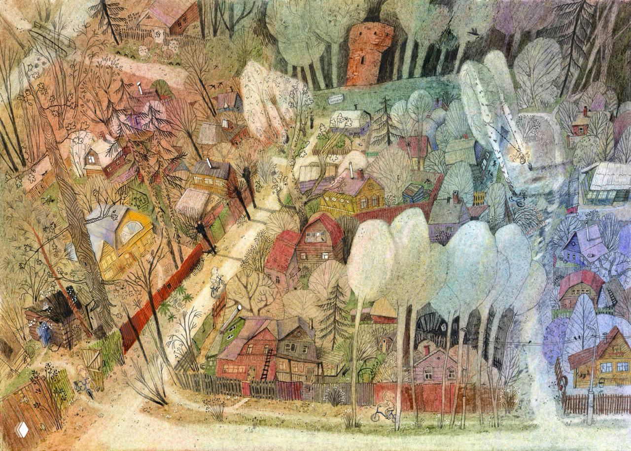 Панорамная иллюстрация деревни: множество домиков, улиц и деревьев в детализированной цветной графике, ощущение масштаба и воспоминаний о лете.