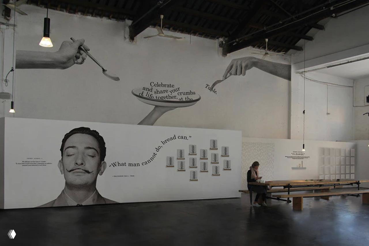 Широкий кадр выставочного зала с монохромными иллюстрациями на стенах, длинными столами и пространственной брендовой средой Crumbs.