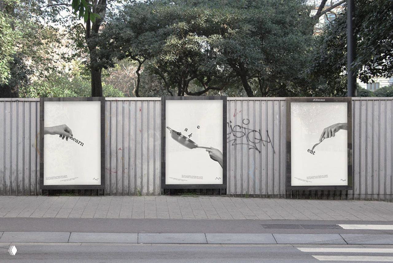 Уличные билборды и постеры с минималистской графикой и текстом как изображением; адаптация айдентики Crumbs для внешней рекламы в городе.