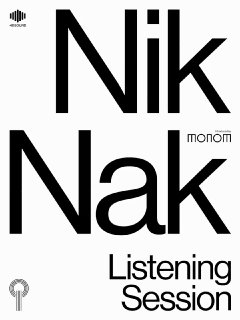 Плакат с крупными буквенными заголовками «Nik Nak» и лаконичным сетом элементов фирменного стиля для слушательских сессий фестиваля Spatial.
