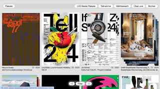 Скриншот сайта 100 Beste Plakate: сетка миниатюр и превью плакатов из Германии, Австрии и Швейцарии, видна навигация.