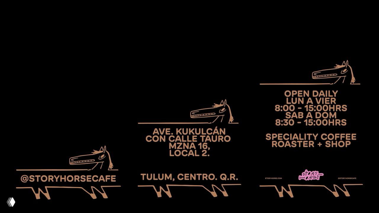 Информационная панель и указания кафе Story Horse: тёмный фон, бронзовый шрифтовой сет и повторяющийся силуэт коня в фирменной графике.