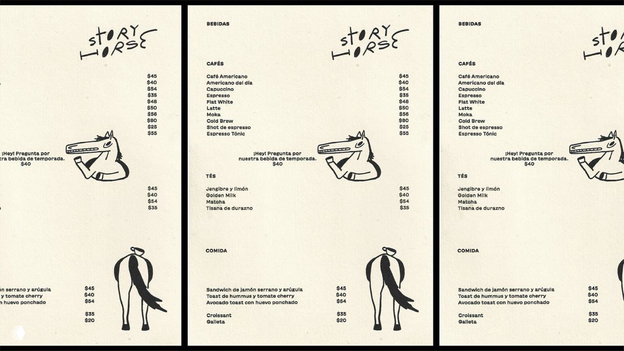 Меню кофейни Story Horse в три колонки: текстовые позиции напитков и еды с маленькими линейными иллюстрациями коня и минималистичным шрифтом.