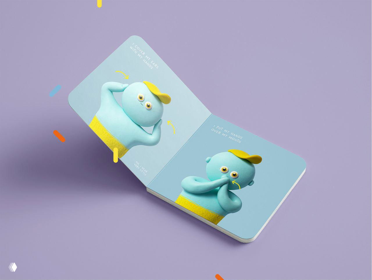 Разворот книги на сиреневом фоне: две страницы с глиняными героями, демонстрация движений рук и жестов, видно верстку и цветовую палитру разворота.