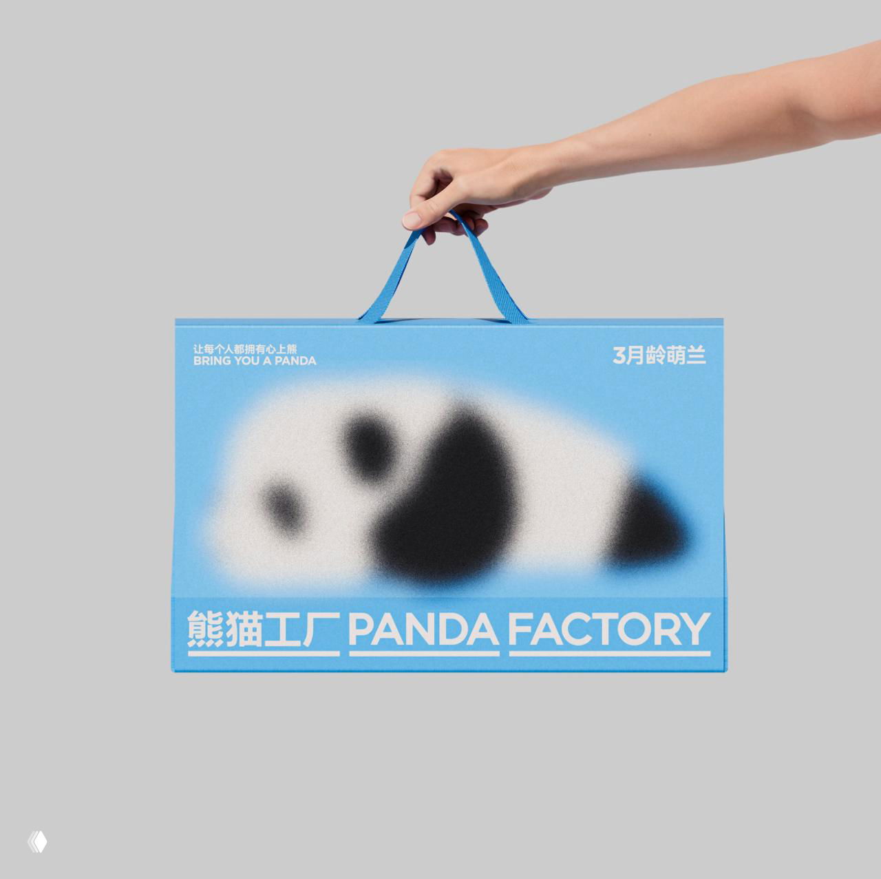 Сторонний ракурс конусообразной голубой коробки с размытым силуэтом панды на лицевой панели; видна боковая гладкая поверхность и тень.