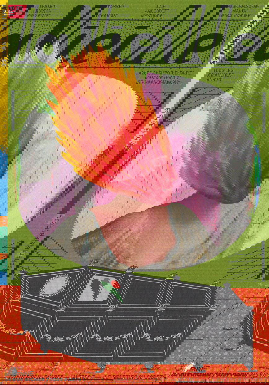 Яркий постер с зелёным фоном, центральным овальным полем и коллажной фигурой человека с огненной головой — сочетание живописи и графики.