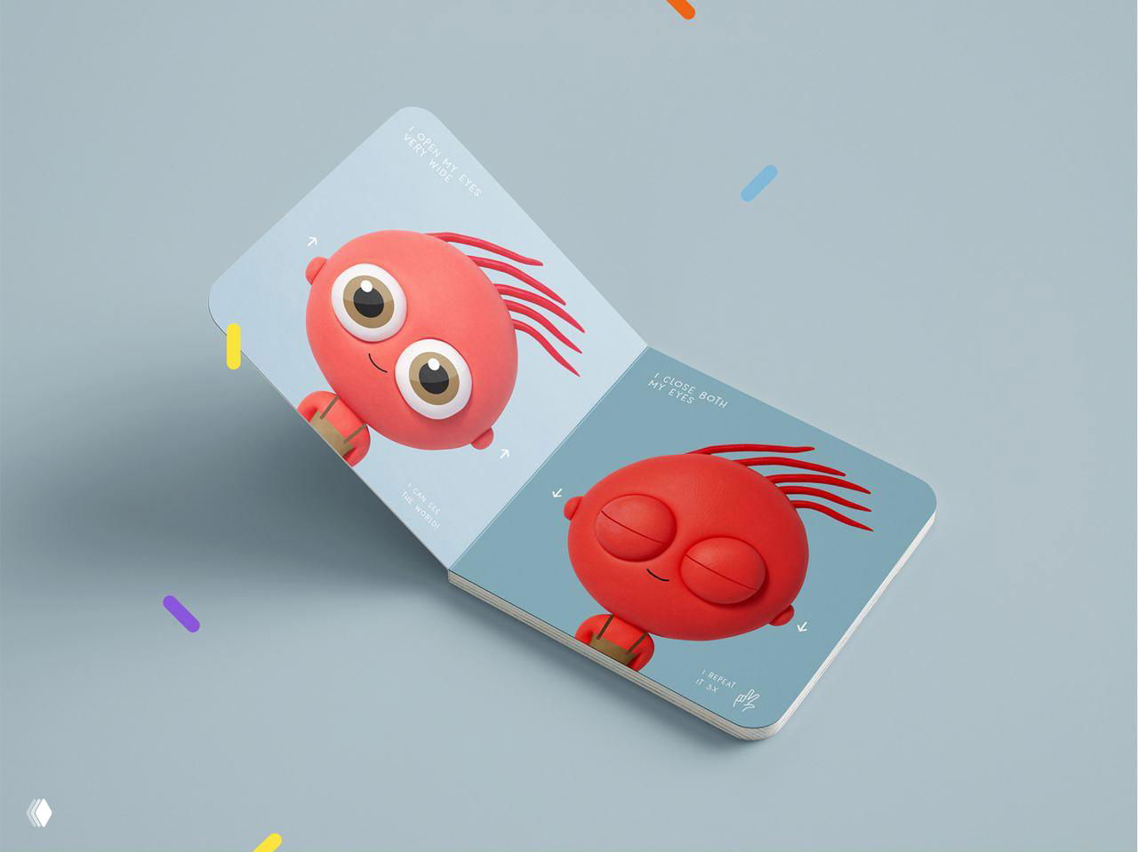 Разворот книги с крупными иллюстрациями красного персонажа: сравнение открытых и закрытых глаз, акцент на выражении лица и простых детских жестах.