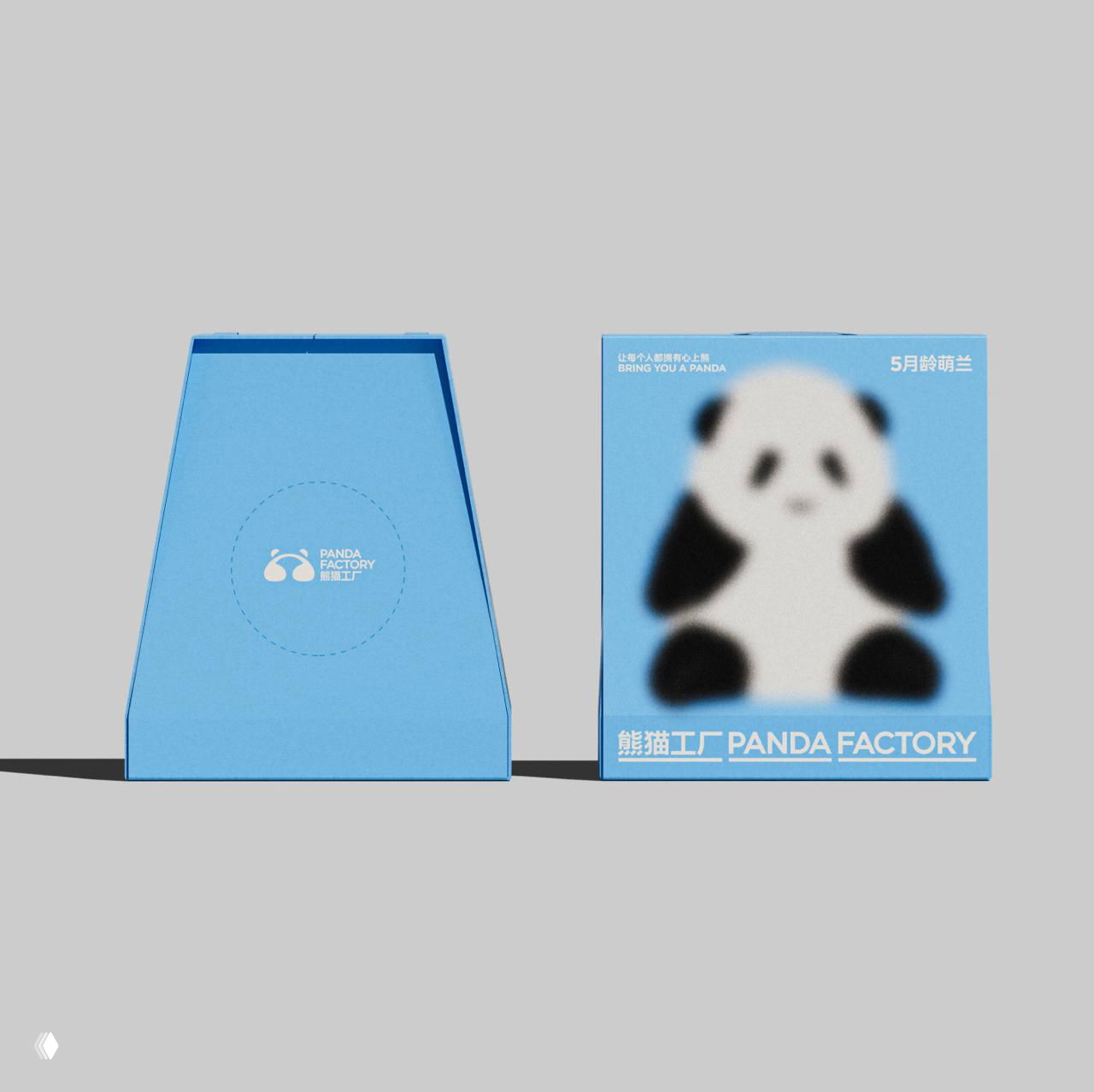 Пара сдвоенных видов упаковки: вид сбоку и вид спереди с размытым изображением панды и логотипом Panda Factory на боковой панели.