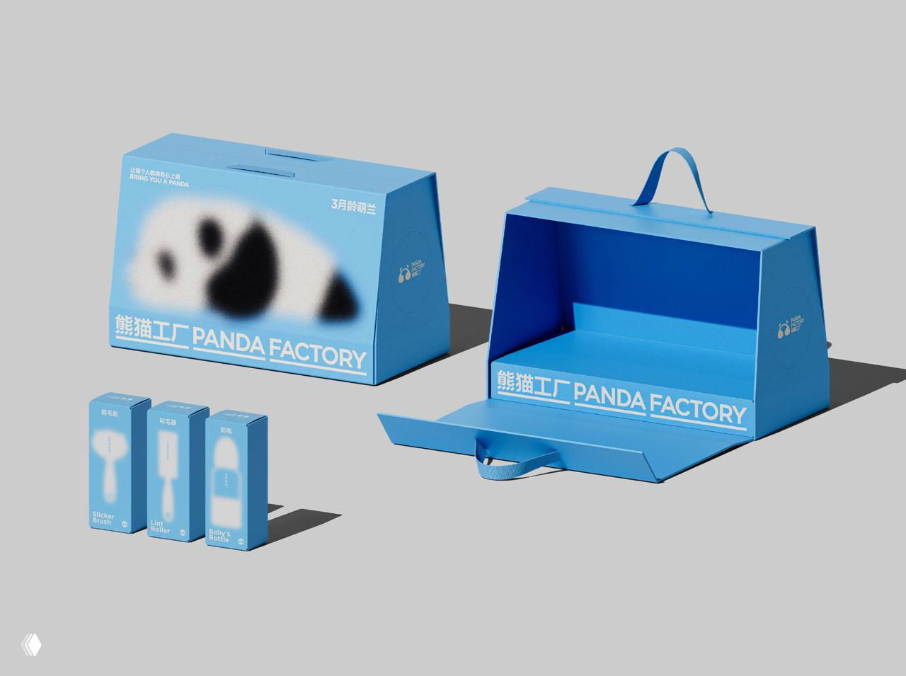 Открытая голубая коробка и несколько мелких упаковок рядом, показан внутренний размер и единая визуальная концепция с размытыми пандам.