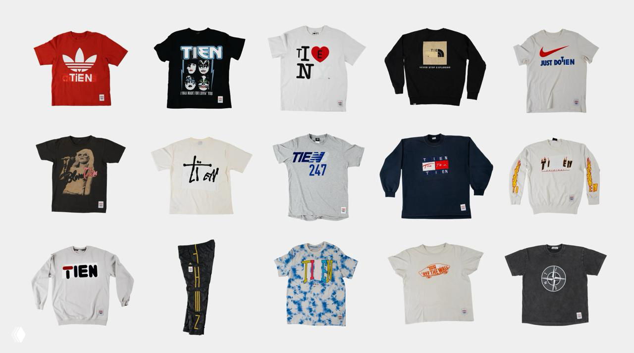 Сетка из фотографий одежды: футболки и свитшоты с разными вариантами логотипа TIEN, показ применения айдентики на мерче и товарах магазина.