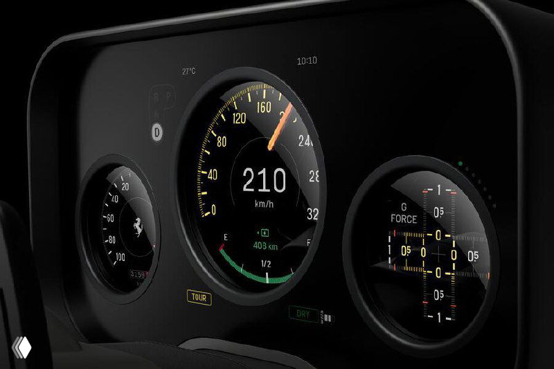 Комбинация приборной панели и цифровых индикаторов в салоне Ferrari Luce: чёрные глянцевые поверхности и круговые дисплеи, показана интеграция цифровой и аналоговой информации.