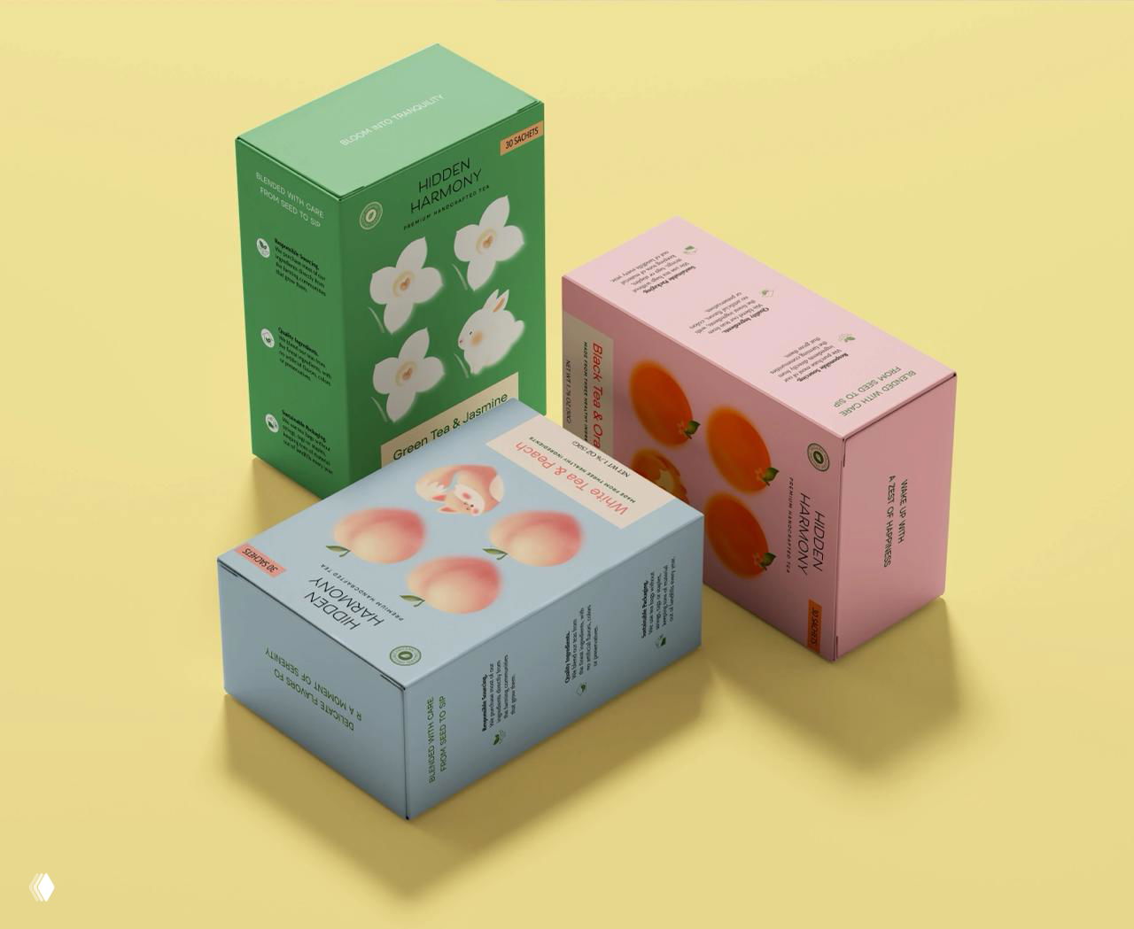 Три объёмных макета коробок Hidden Harmony в перспективе на жёлтом фоне, видно боковые стороны и печатные элементы упаковки