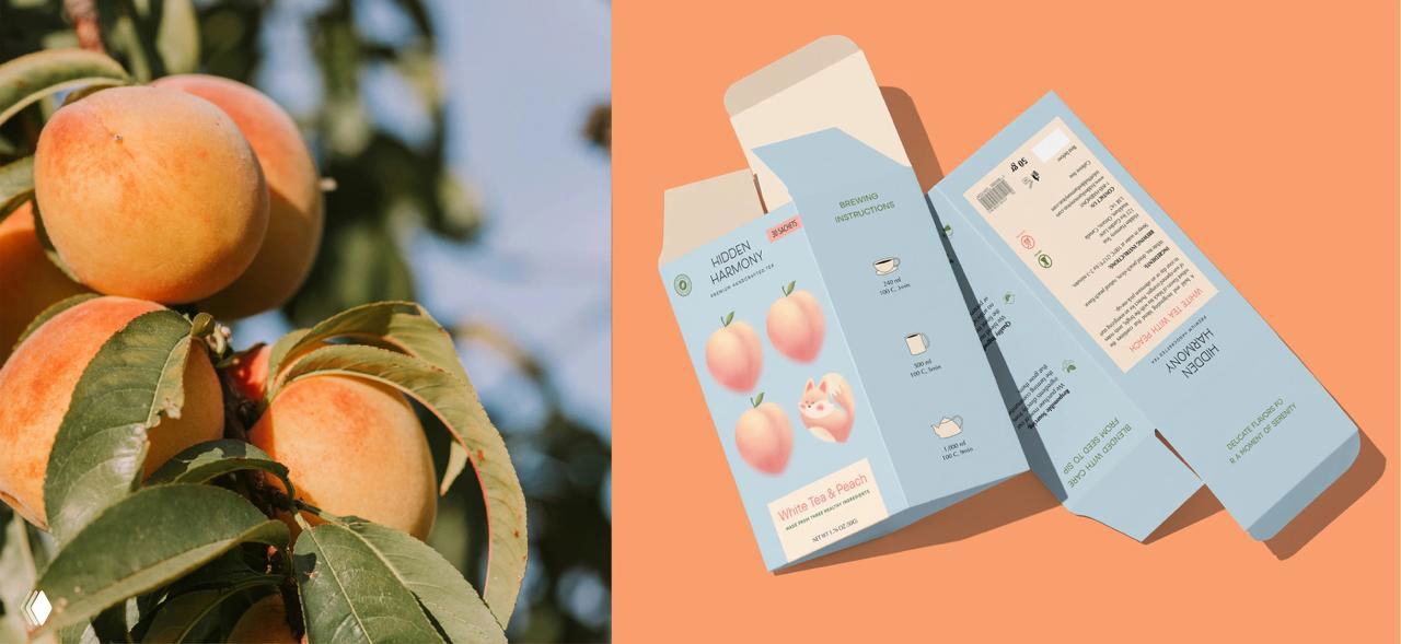 Сравнение фото персиков и развёртки упаковки: реальные фрукты слева и макеты тюбика/коробки справа, демонстрация референса и применения