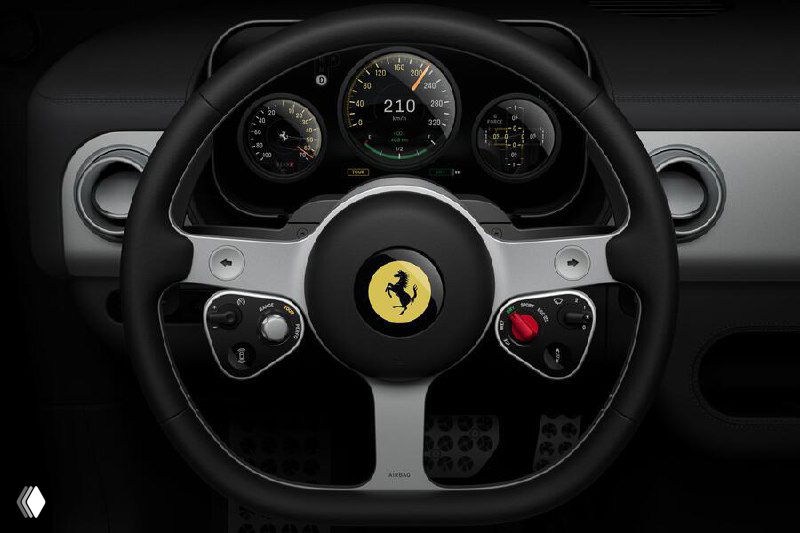 Фото рулевого колеса и близлежащих переключателей в концепте Ferrari Luce: многофункциональные ручки и кнопки, подчёркнута эргономика для водителя.