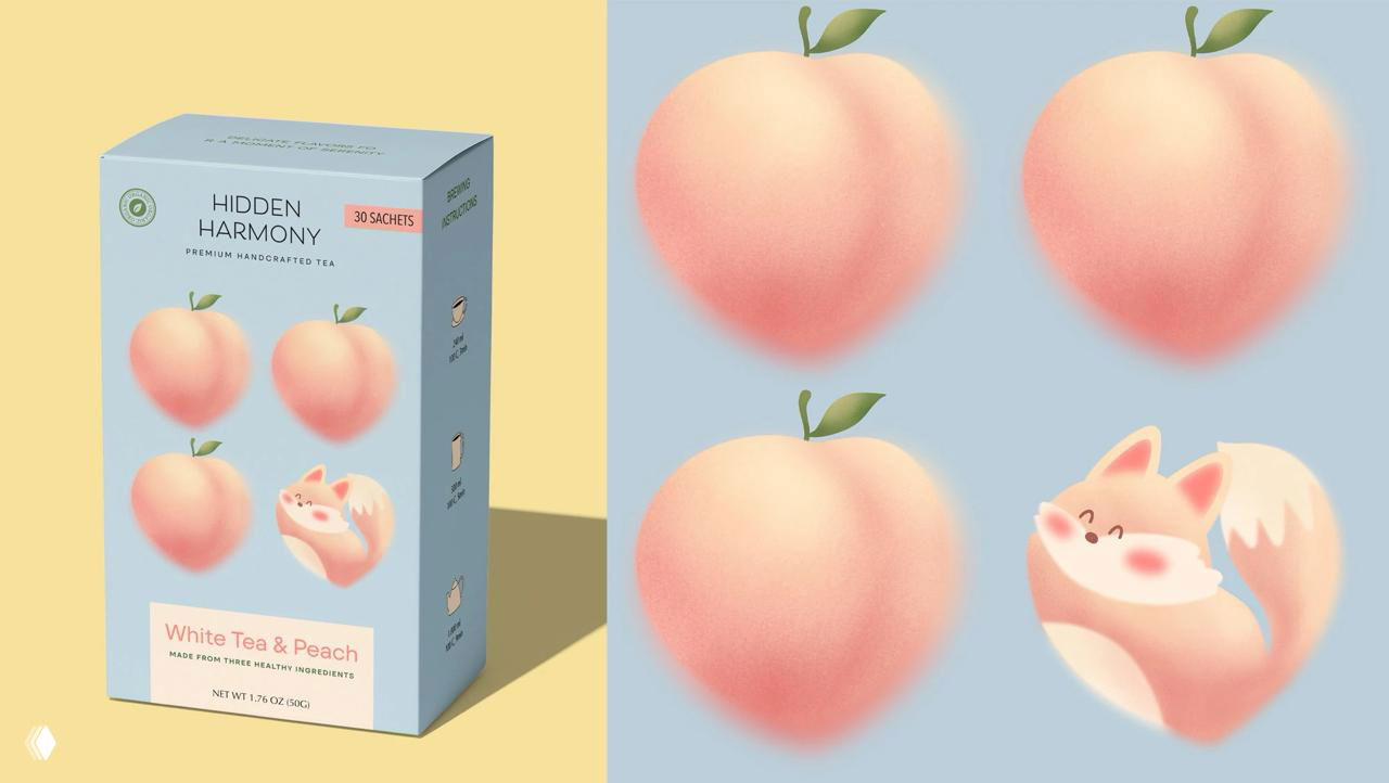 Один коробок White Tea & Peach и крупные изображения персиковых иллюстраций рядом, мягкая градация цвета и фактура пастели