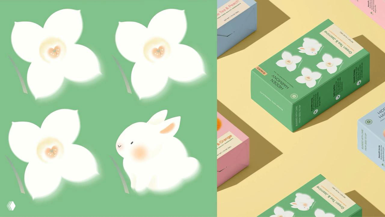 Белые цветы и маленький белый заячок-иллюстрация на зелёном фоне, повторяющийся паттерн и пример компоновки для Green Tea & Jasmine