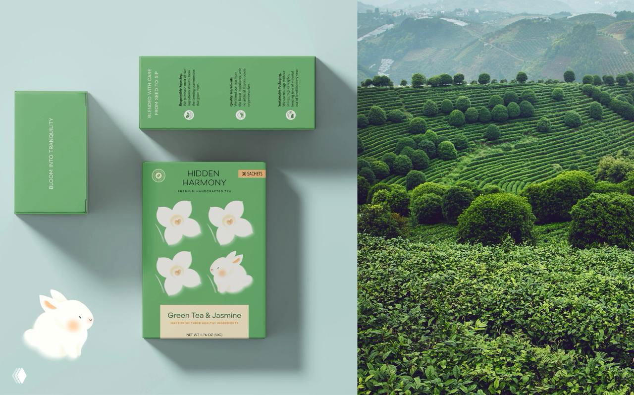 Вид сверху на зеленую упаковку Green Tea & Jasmine рядом с пейзажем чайных плантаций, ассоциация с натуральностью ингредиентов