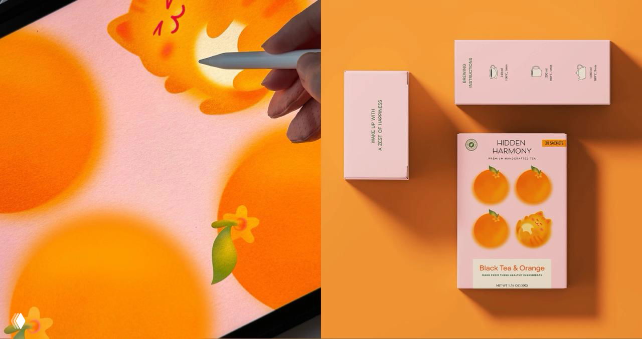 Рабочий процесс рисования апельсиновой иллюстрации на планшете и вид сверху на коробку Black Tea & Orange в одном кадре