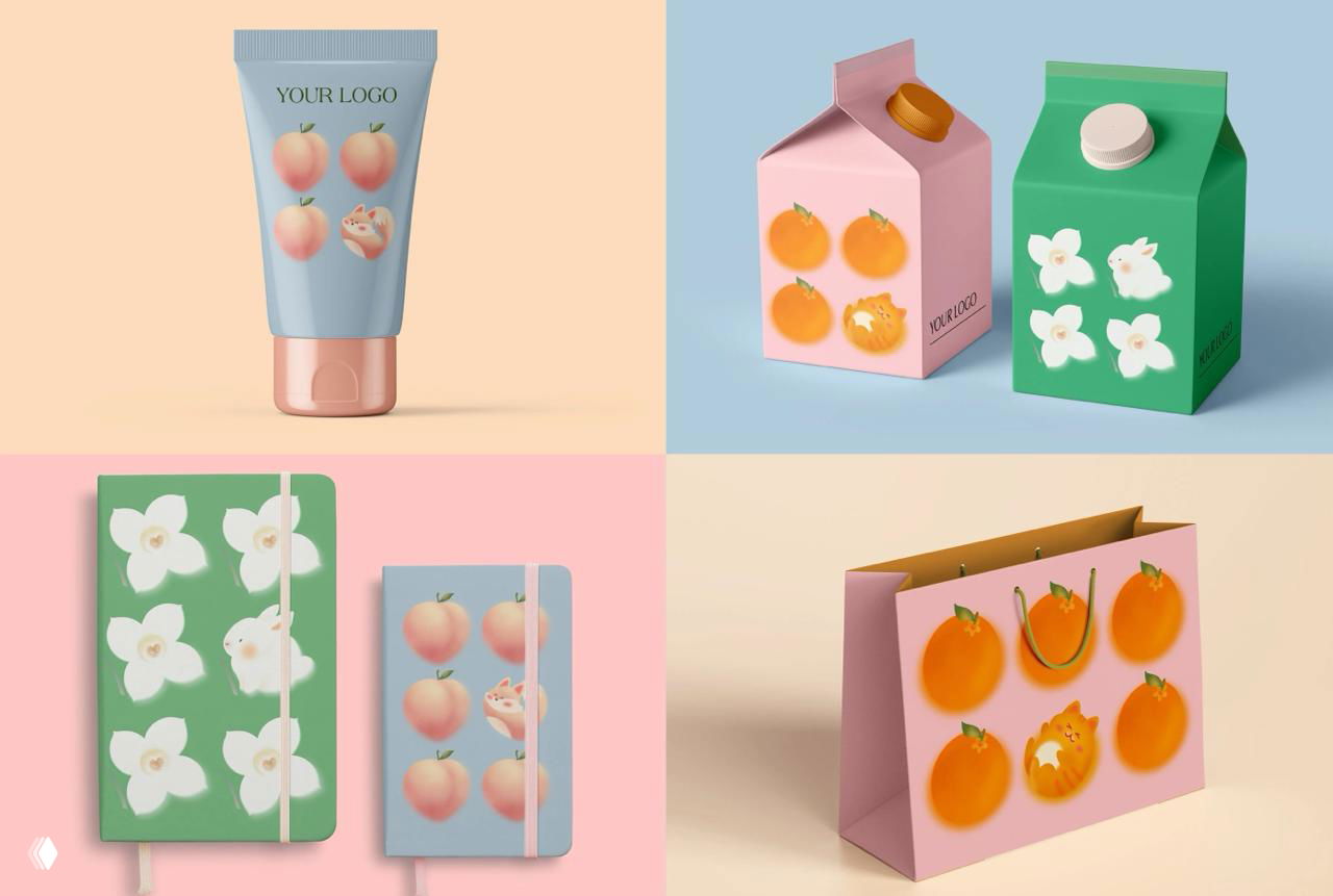 Примеры применения иллюстраций на тюбике крема, картонном пакете и обложках ежедневников в пастельной цветовой гамме