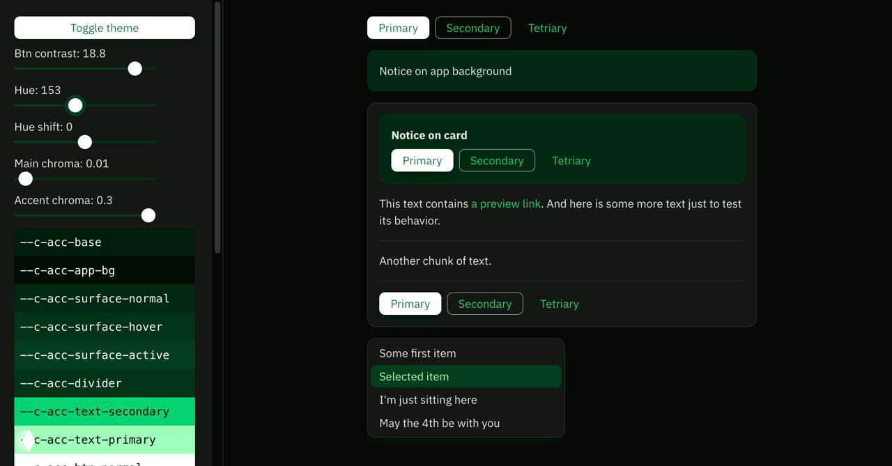 Темная тема интерфейса с настройками оттенков, контроллерами контраста и примерами компонентов — пример генератора тем и редактора цветов из Color Lab.