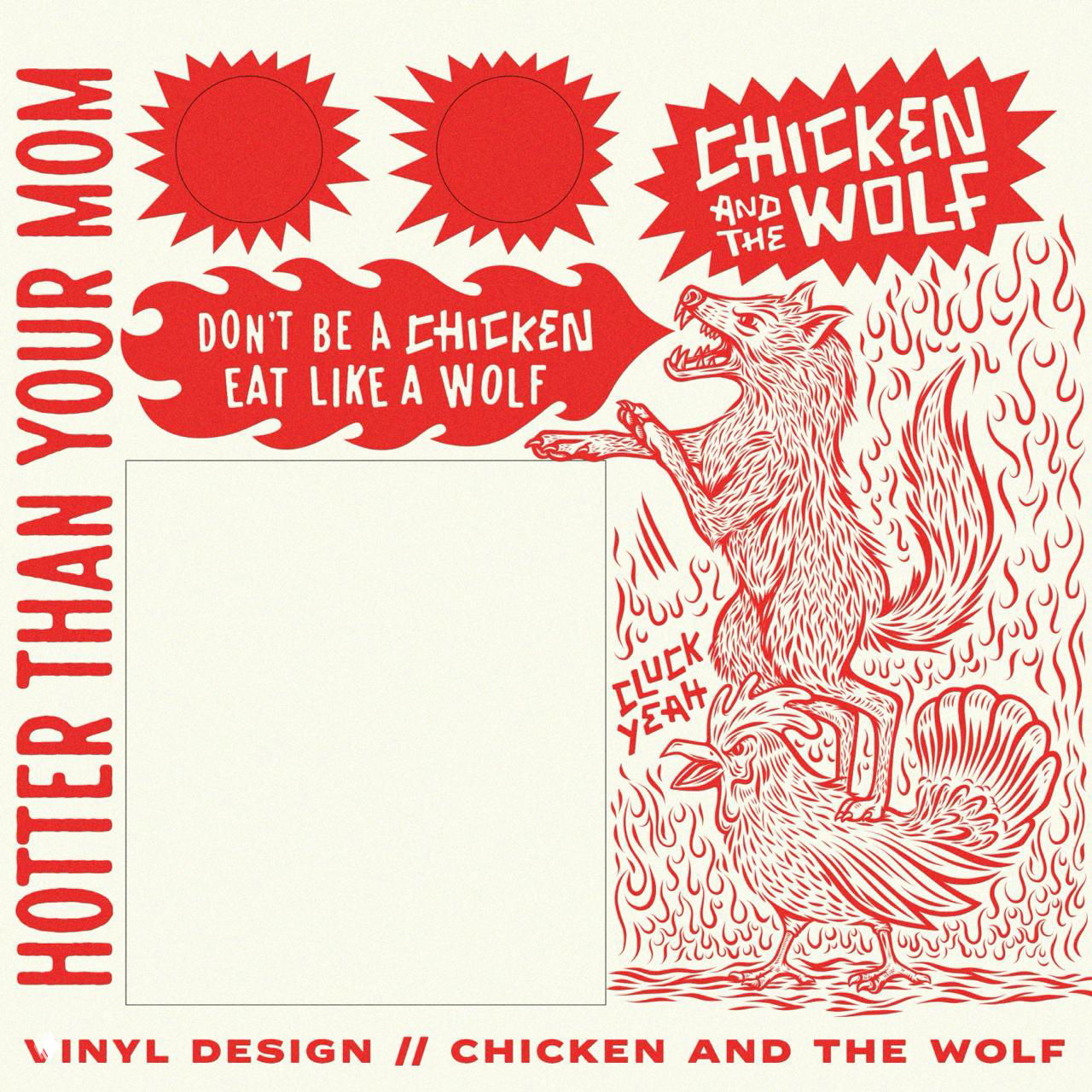 Виниловый дизайн и тату‑стильная иллюстрация с волком и курицей, ретро‑леттеринг и огненная графика как часть айдентики.