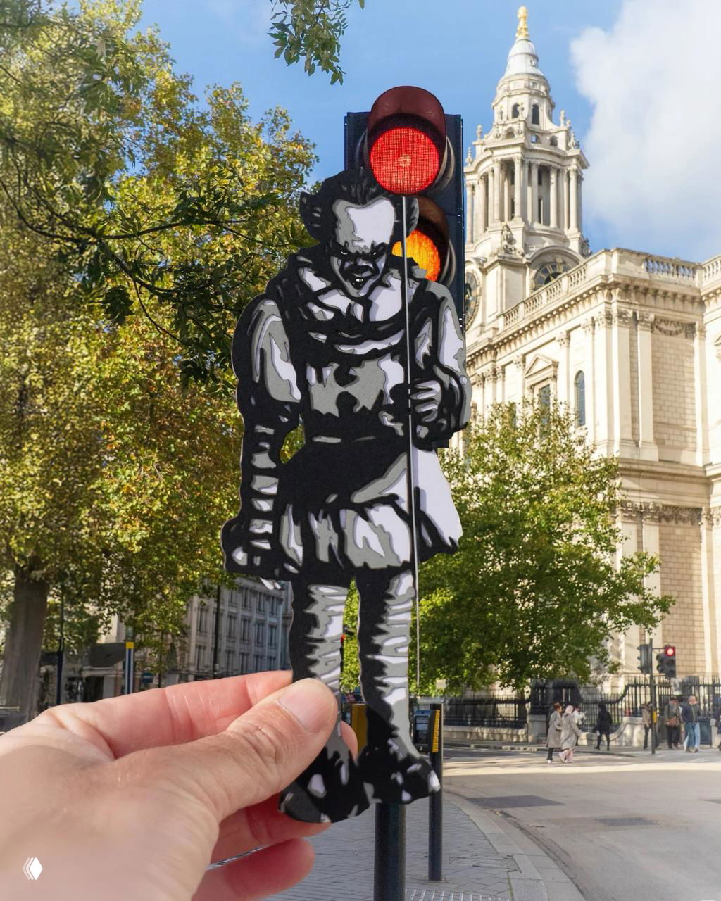 Рука держит вырезанную фигуру клоуна рядом с городским светофором и классической архитектурой, контраст между бумагой и камнем.