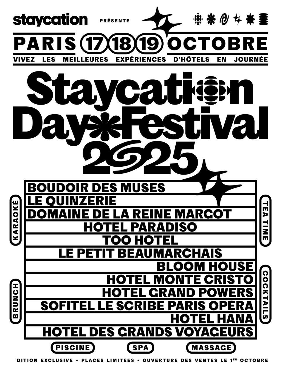 Чёрно-белый информационный постер с табличной структурой и списком отелей/мероприятий, строгая модульная типографика.