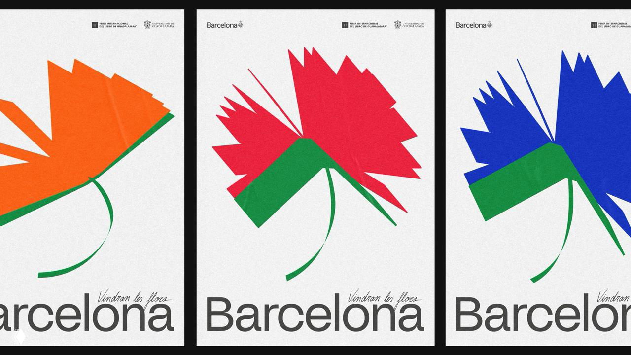 Три вертикальных постера рядом с крупным графическим цветком‑книгой в оранжевом, красном и синем цветах на белом фоне, минималистичная верстка.