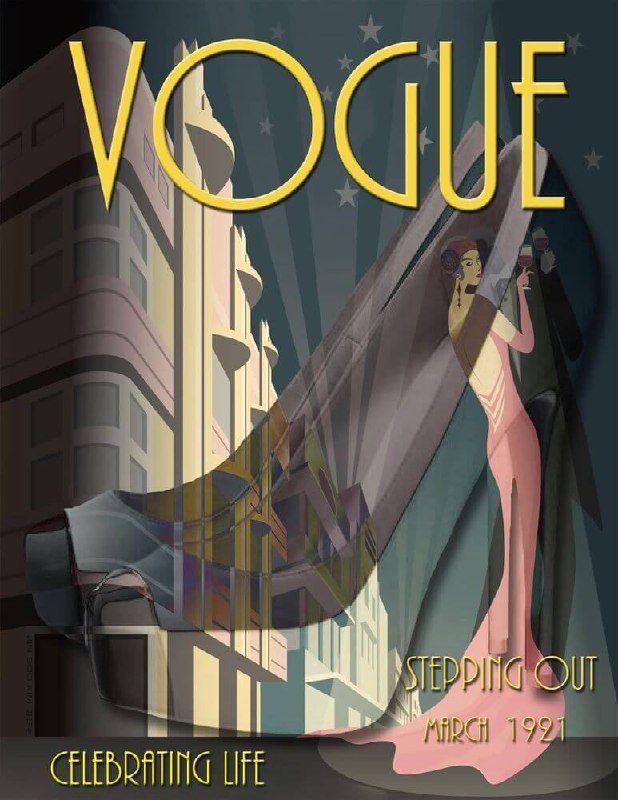 Обложка журнала Vogue в эстетике ар‑деко: стилизованные архитектурные формы, женская фигура в платье и выразительная декоративная типографика заголовка.